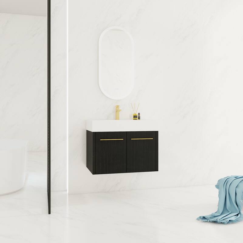 Contemporary Bathroom Vanity with Resin Sink, Soft Closing Hinges, Black Chestnut Finish - 29.5in L Plywood