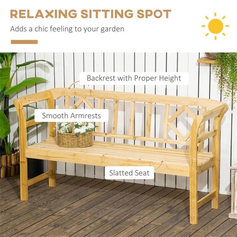 Fir Wood Garden Bench with Vintage Design Slatted Seat and Back for Outdoor Patio - 61.5" W x 20.75" D x 32.75" H