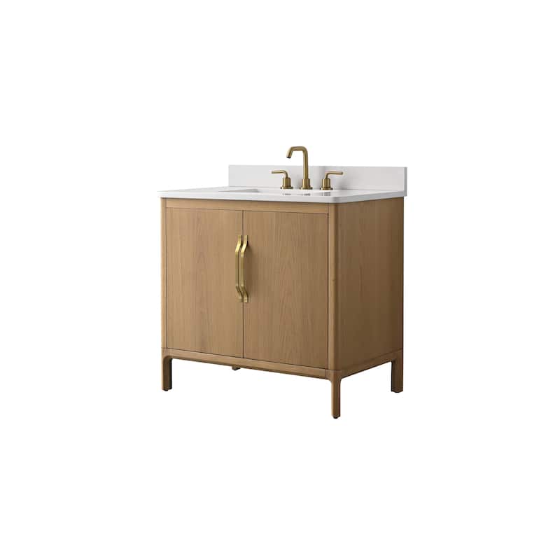 36" Freestanding Bathroom Vanity with Engineered Stone Top, Ceramic Sink, Built-In Power Outlet, and Soft-Close Doors