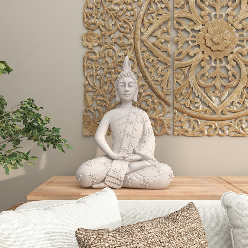 Magnesium Oxide Buddha Indoor Outdoor Meditating Garden Sculpture with Floral Carvings - Gray - Roche River Decor