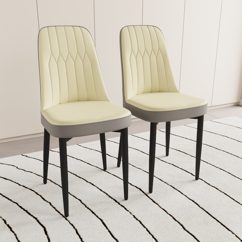 Modern Grey Dining Chair Made of High-Quality PU Leather Fabric w/ Thick Soft Cushions & Black Metal leg - Beige