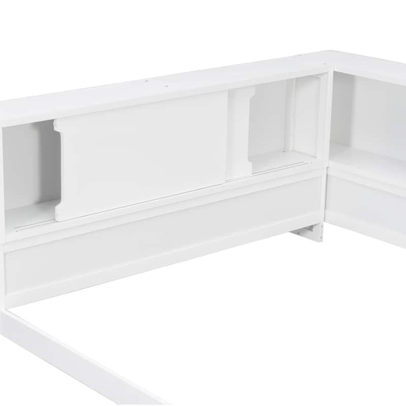 Queen L-Shape Storage Daybed with LED Shelf, Hidden Slide Cabinet & Built-In USB Power Hub by Harper&Bright Designs