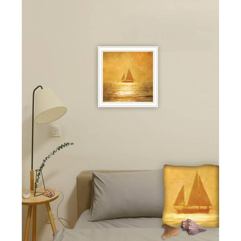 TrendyDecor4U Contemporary "Solo Gold Sunset Sailboat" Framed Print Wall Art