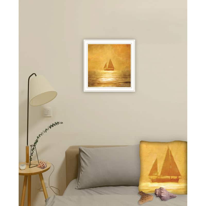 TrendyDecor4U Contemporary "Solo Gold Sunset Sailboat" Framed Print Wall Art