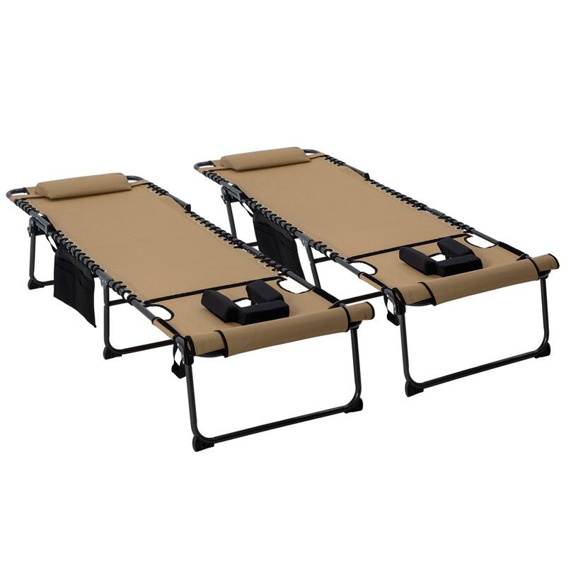 Outdoor 2-Piece Folding Chaise Lounge with 5-level Reclining Back, Reading Face Hole,Side Pocket & Headrest - Beige