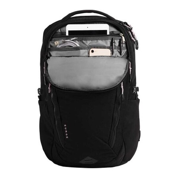 black and purple north face backpack