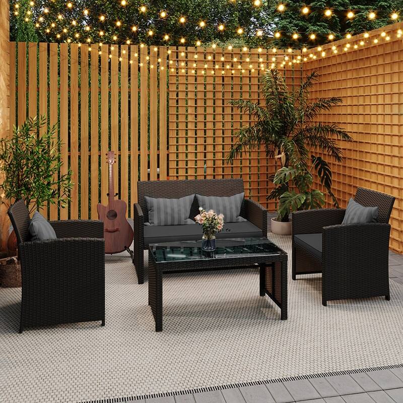 EROMMY 4-Piece Patio Furniture Set with Cushions, Wicker Sofa and Glass Coffee Table, All-Weather PE Rattan Conversation Set