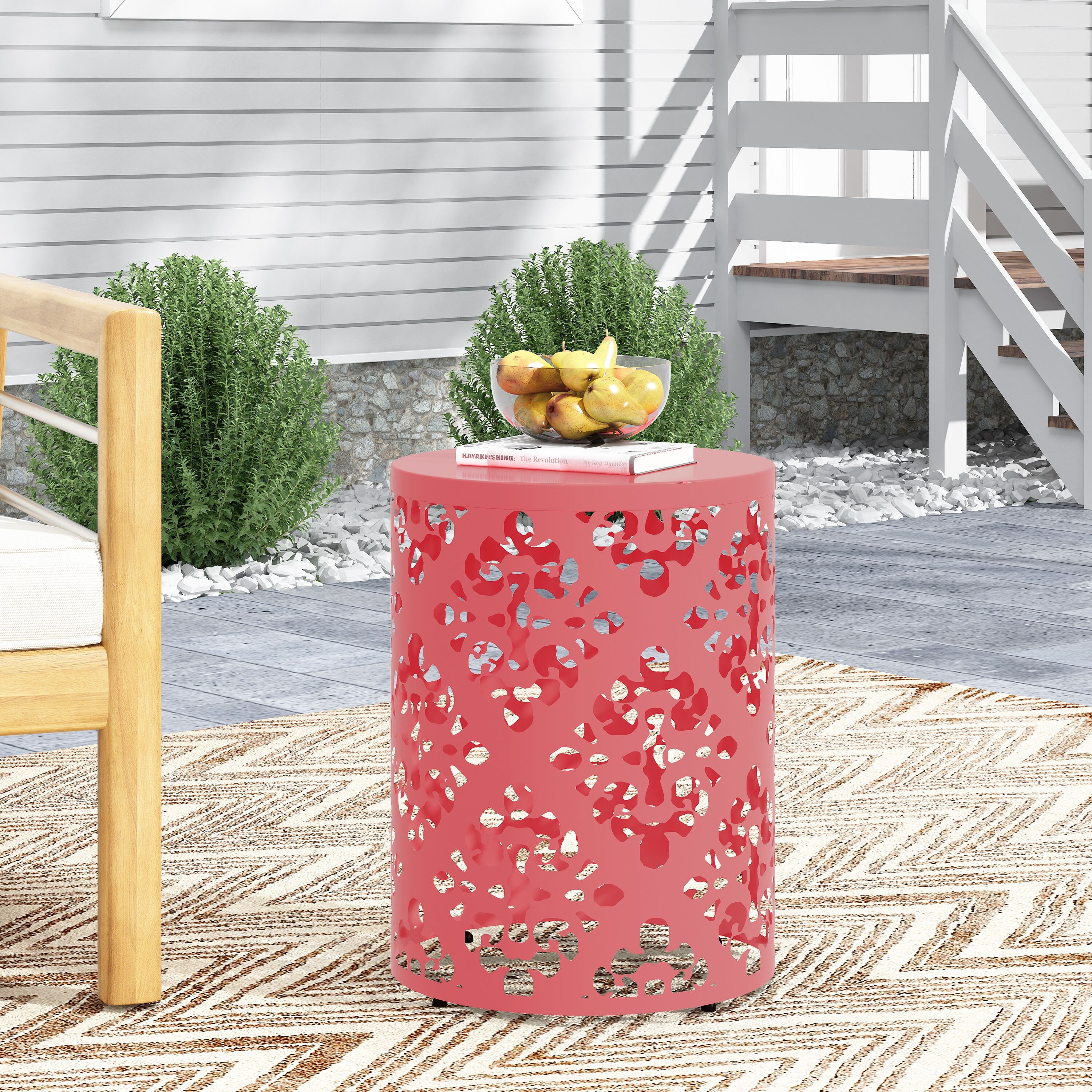 LuxenHome 18" Outdoor Side Table With Storage, Cement Patio End Table With Wood Finish Lid, Accent Table For Patio, Porch, Poolside, Backyard