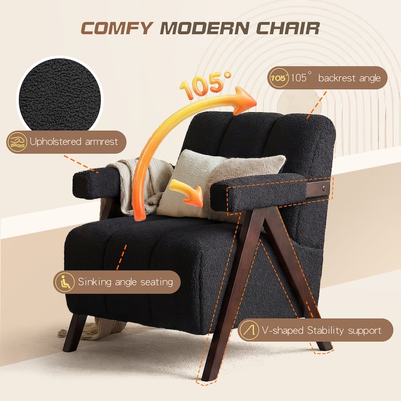 Mid Century Modern Accent Chair, Solid Wood Upholstered Armchair with Wide Backrest and Thick Cushion