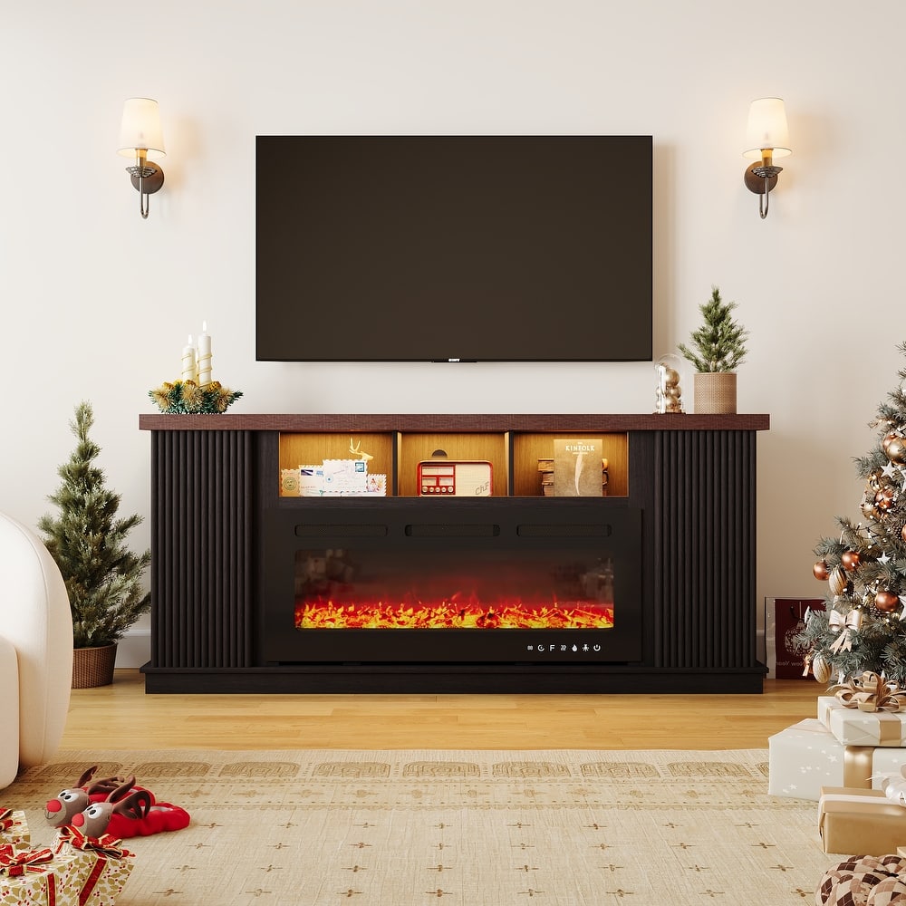 Erommy 70" TV Stand with Electric Fireplace Heater, Media Entertainment Center Console for TVs up to 80" with Storage Cabinet