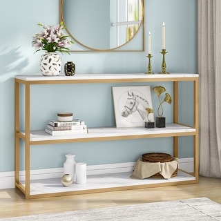 Faux Marble Gold Entry Console Table with Storage, White