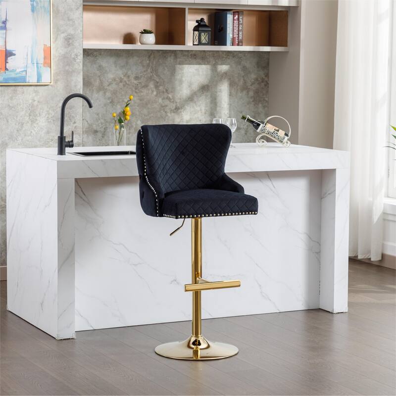 Modern Bar Chairs with Velvet Button-Tufted Cushioned Seat, Electroplated Metal Base, Suitable for Dining Room, Bar - Black