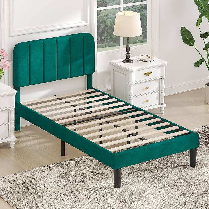 VECELO Velvet Upholstered Bed Frame with Vertical Channel Tufted Headboard, Adjustable Headboard, Wooden Slats Support