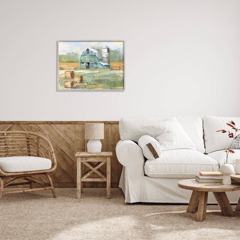 Stupell Contemporary Blue Farm Barn Hay Bails Empty Field Framed Wall Art