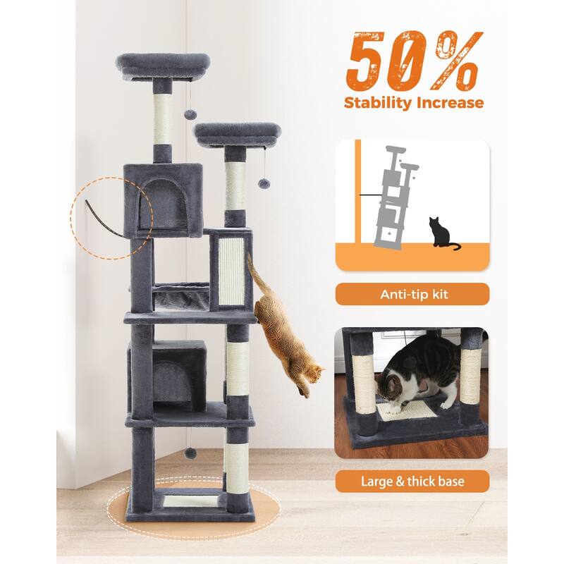 Multi-Level Indoor Large Cat Tree Scratching Post with 2 Perches, 2 Condos, Hammock and 2 Pompoms