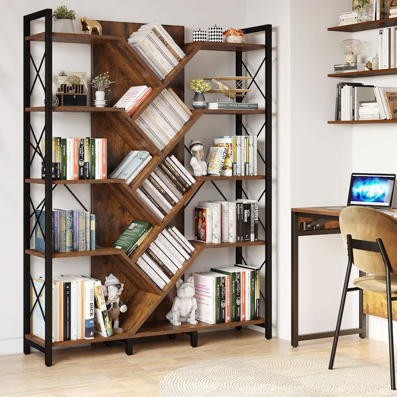 Moasis Wood 5-Tier Large Tree Bookshelf Industrial Open Etagere Bookcase