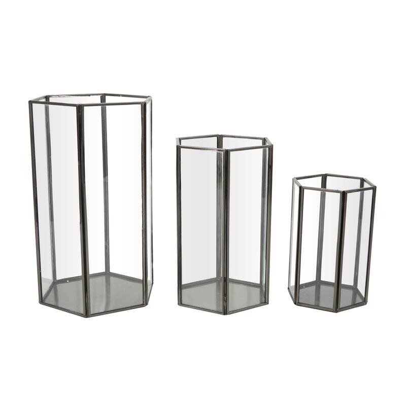 CosmoLiving by Cosmopolitan Clear Metal Hexagon Shaped Geometric Indoor Outdoor Candle Lantern with Clear Glass (Set of 3)