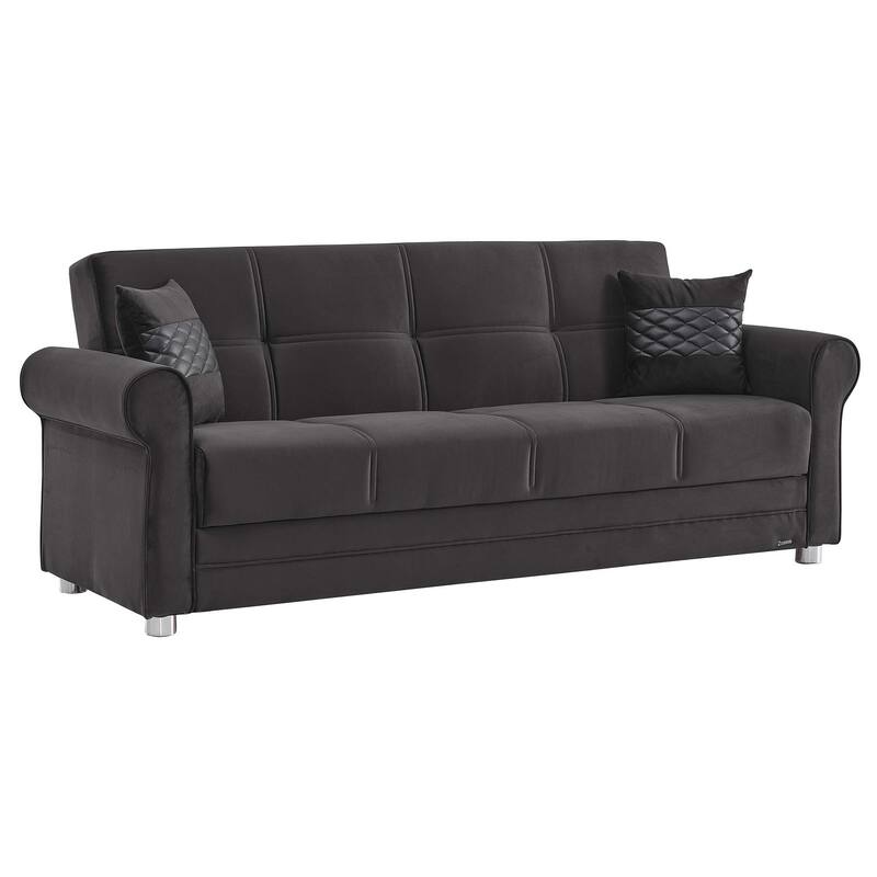 HomeRoots 89" Black Microfiber Convertible Futon Sleeper Sofa And Toss Pillows With Storage