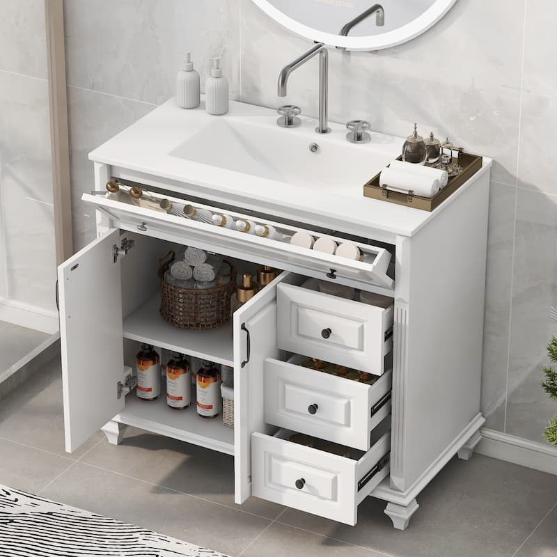 Merax Solid Wood Bathroom Vanity with Sink, Flip Drawer, 3 Drawers & 2 Doors