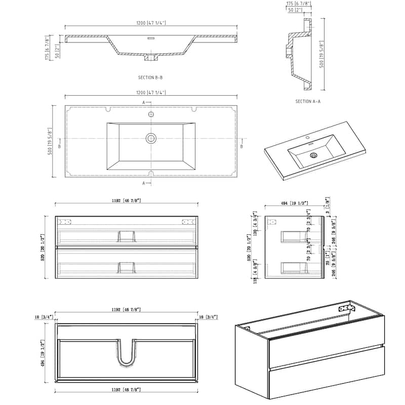 42/48/60/72 inch Plywood Floating Bathroom Vanity in Cement Grey with Integrated Quartz Sink