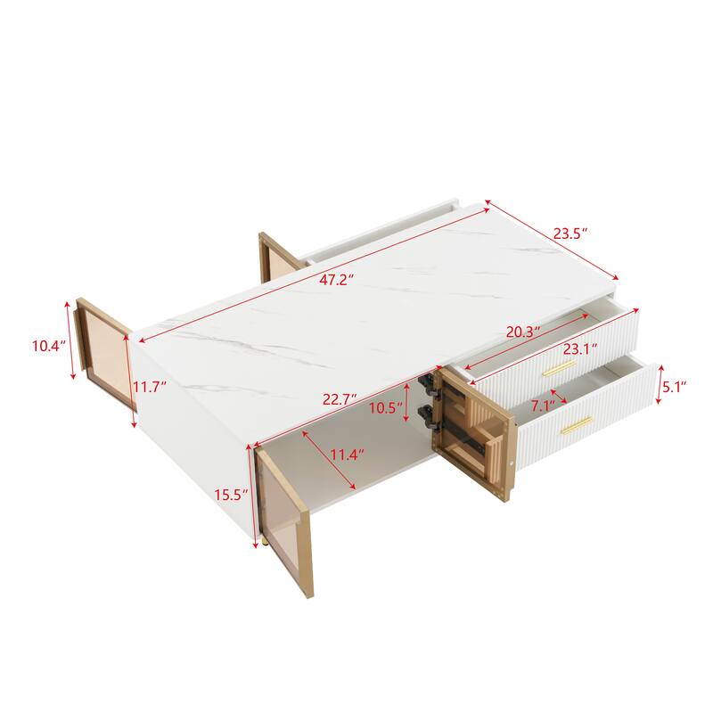 47.2" Modern Coffee Table with 2 Glass Door, 4 Drawers and Multi-Color Lighting