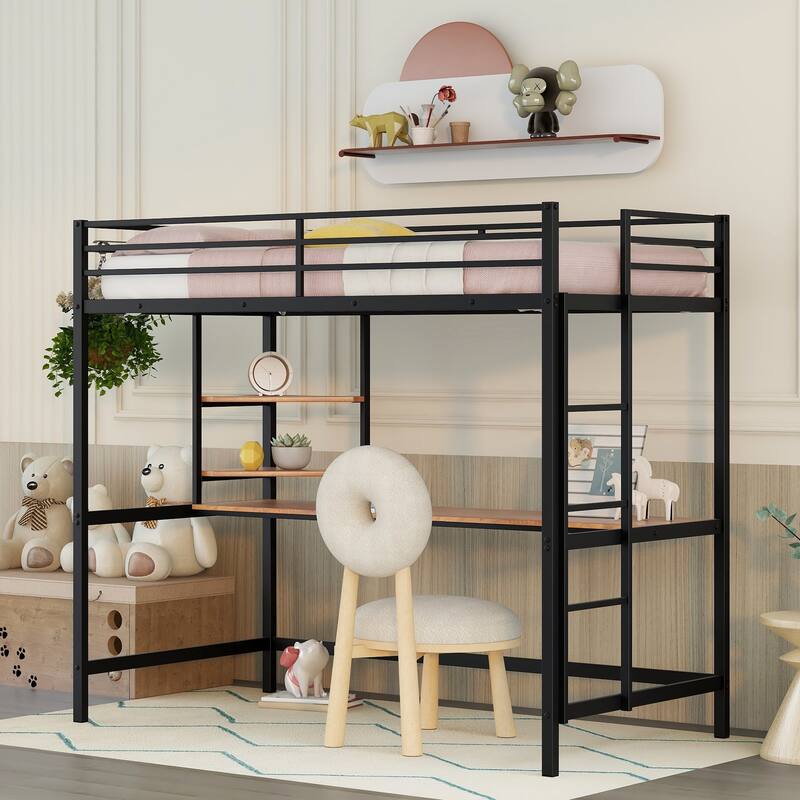 Black Twin Metal Loft Bed with Integrated Desk and Shelving Unit - Black