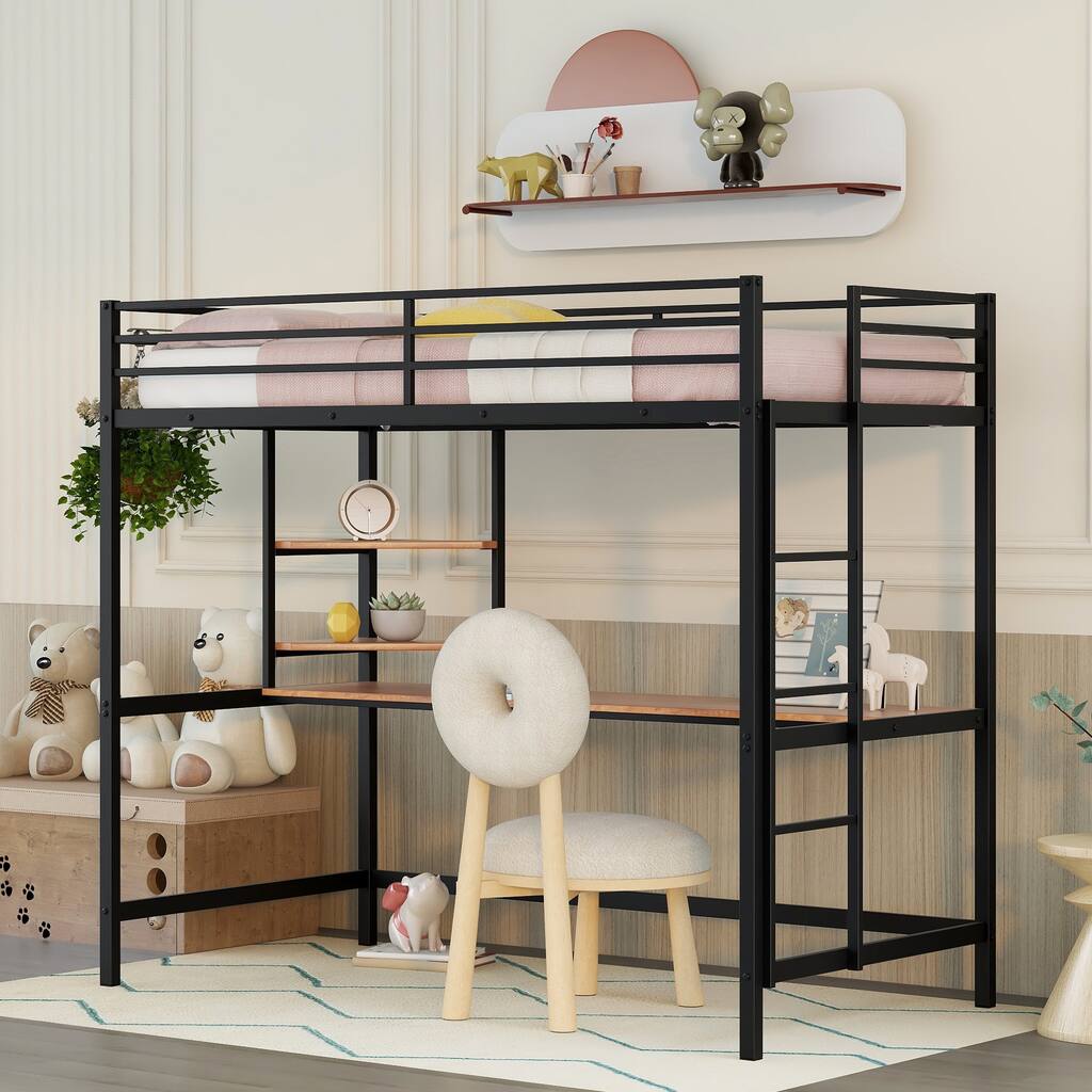 Sturdy Twin/Full Metal Loft Bed with Workstation, Desk, and Shelf, Perfect for Bedrooms or Dorms