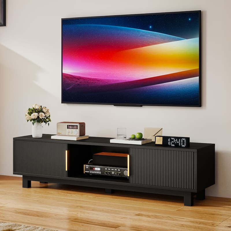Moasis 59"W Fluted TV Stands for TVs up to 65 Inches, Entertainment Center with Power Outlets - Black