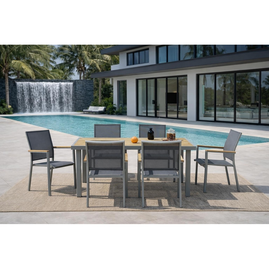 Madeira Grey Seagull 7-Piece Aluminum Outdoor Dining Set with Sling Set in Pewter - N/A