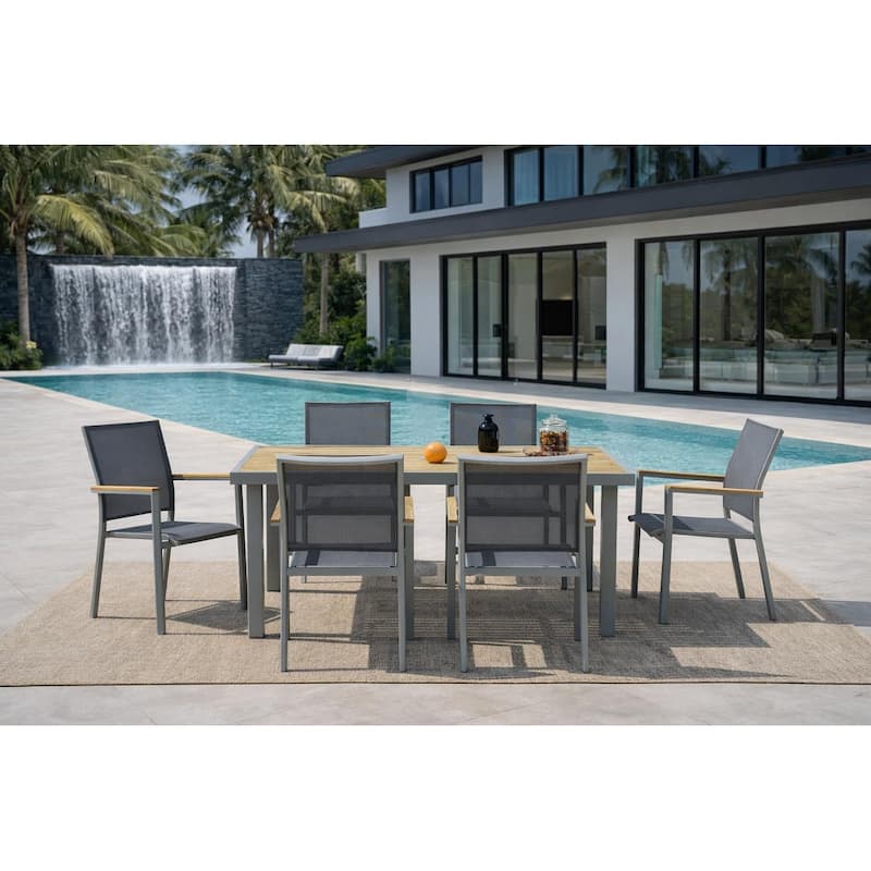 Madeira Grey Seagull 7-Piece Aluminum Outdoor Dining Set with Sling Set in Pewter - N/A