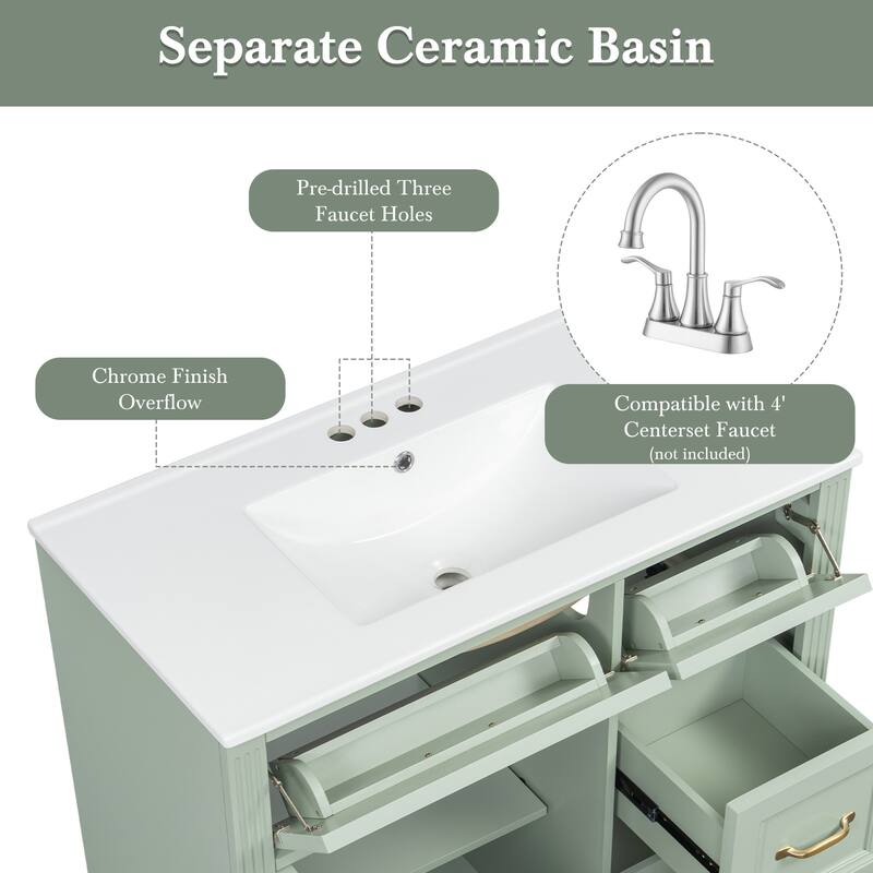 36 Inch Bathroom Vanity with Sink, Cabinet with 4 Drawers, Soft-Close Door & Adjustable Shelf, Ceramic Basin
