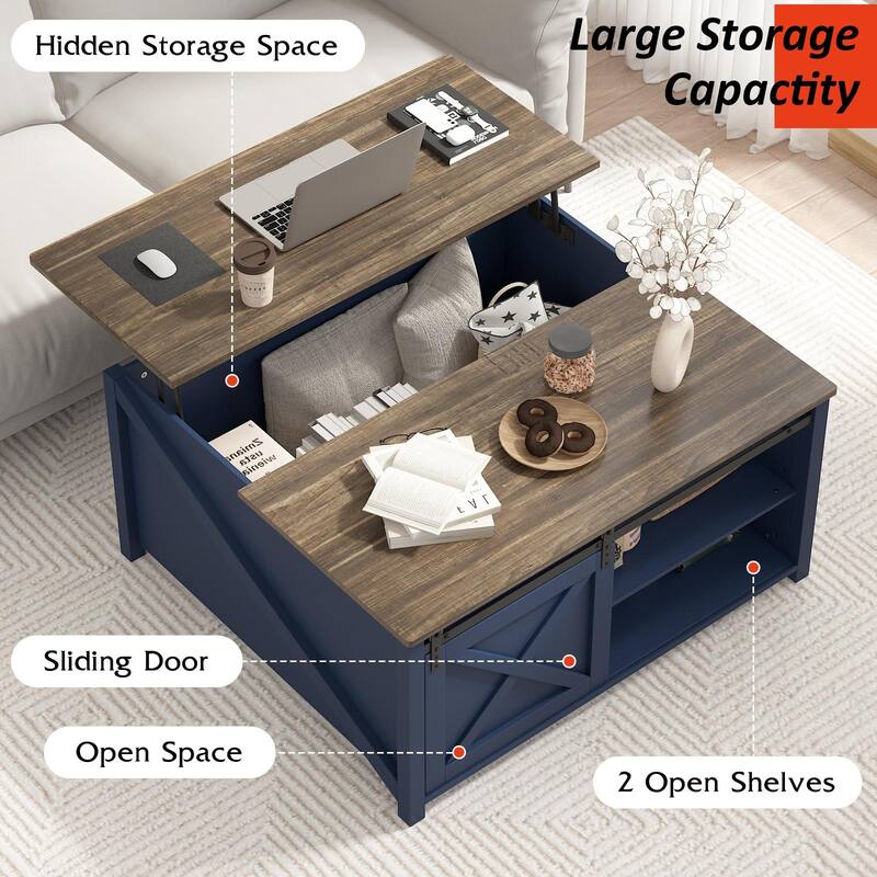 BOSSIN 31.5" Square Farmhouse Lift-Top Coffee Table - Wooden Living Room Center Table with Hidden Storage