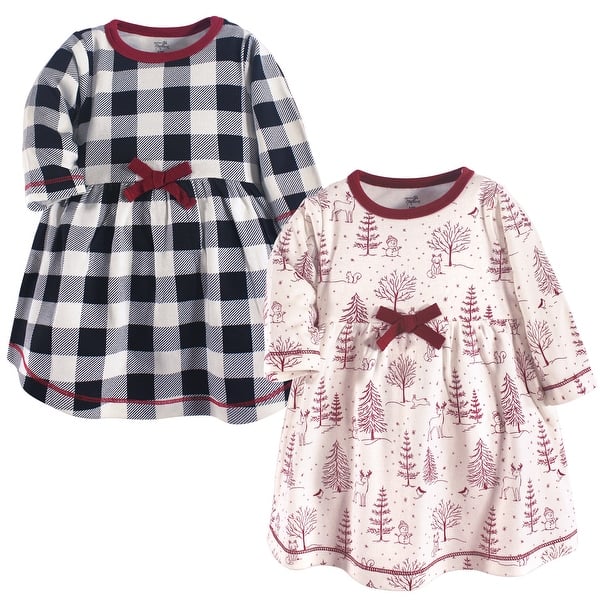 slide 2 of 2, Touched by Nature Baby and Toddler Girl Organic Cotton Long-Sleeve Dresses 2pk, Winter Woodland 2T - Baby Toddler Winter Woodland Long Sleeve