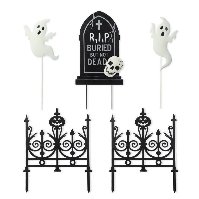 Glitzhome 24"H 5-Piece Halloween Metal Fences Tombstone Ghost Set Yard Stakes