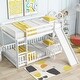 preview thumbnail 23 of 31, Twin Over Twin Low Pine Wood Bunk Bed with Guardrails, Slide and Ladder for Kids, No Slats Toddler Floor Bed with Fence and Door White - Twin
