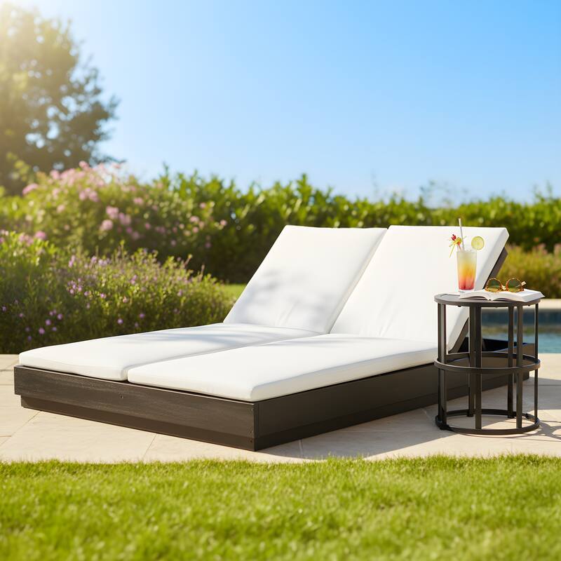 Christopher Knight Home - Outdoor Acacia Wood 5-Position Adjustable Double Sunlounge Set with 16.54" Ceramic Tile Side Table