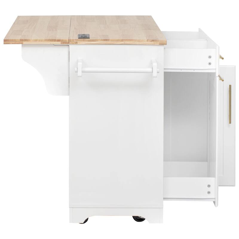 59.3" Rolling Kitchen Island with Drop Leaf, Power Outlet & Trash Can Storage