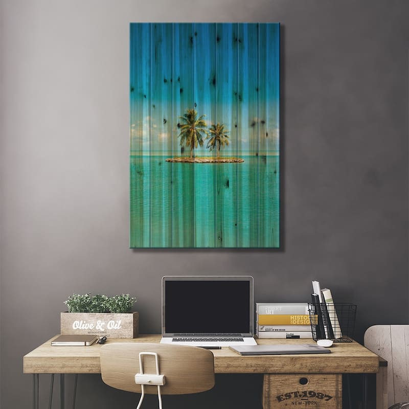 Small Tropical Island With Palm Trees Print On Wood by Jan Becke - Multi-Color