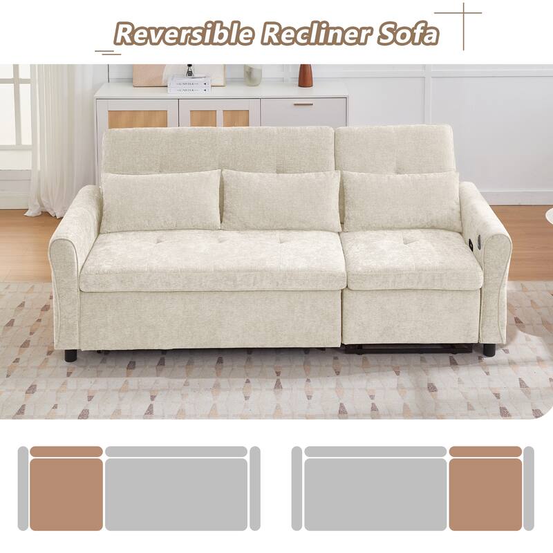 2-in-1 Reversible Recliner Sofa, Sofa Bed with USB Charging, Pull-Out Sleeper Sofa with Adjustable Backrest - Beige