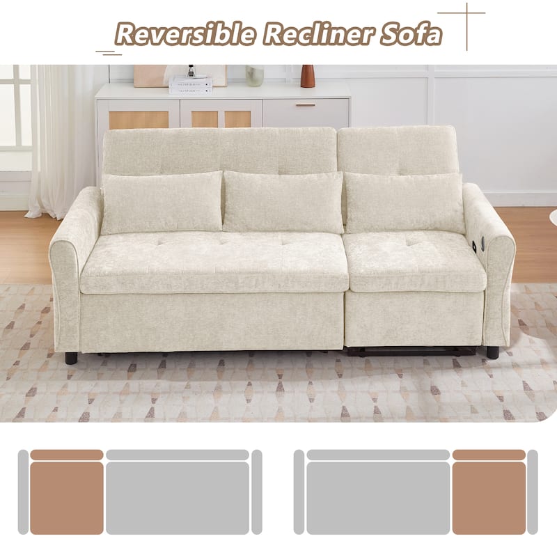 Roomfitters 82-Inch 2-in-1 Three-Seater Sofa, Upholstered Couch with Sofa Bed and Reversible Recliner for Living Room, Beige
