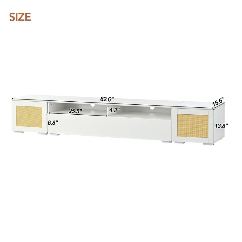 3-Piece Extended TV Stand with Color-Changing LED Lights - Rattan Style, Push-to-Open Doors, 82" Entertainment Center