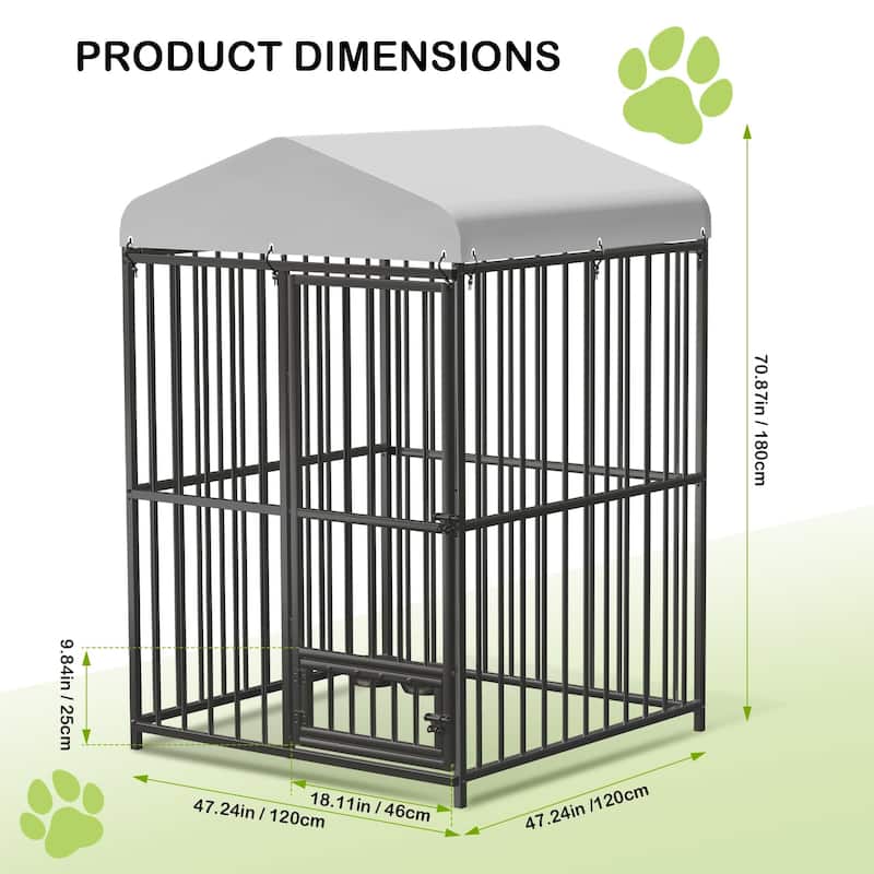 Large Outdoor Dog Kennel with Roof, Heavy Duty Metal Cage, Feeding Bowl & Lock
