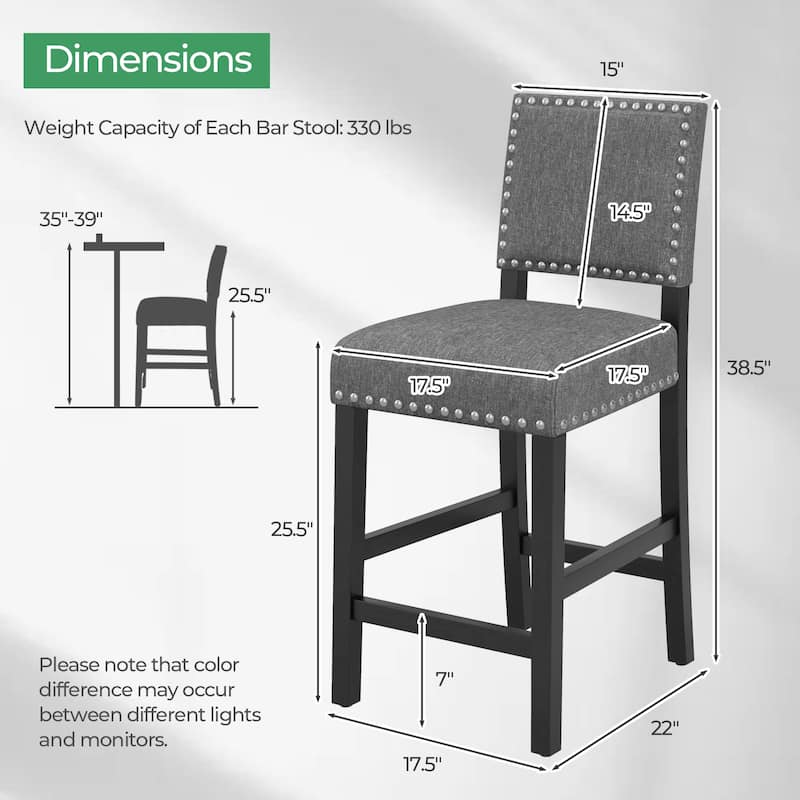 Set of 2 Counter Height Bar Stools with Footrest and Rubber Wood Frame Comfortable Seating