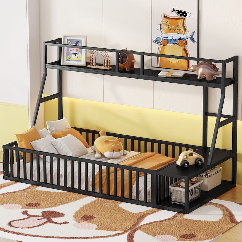 Floor Bed Frame with Safety Fence, Metal Floor Bed with Desk and Storage Shelves