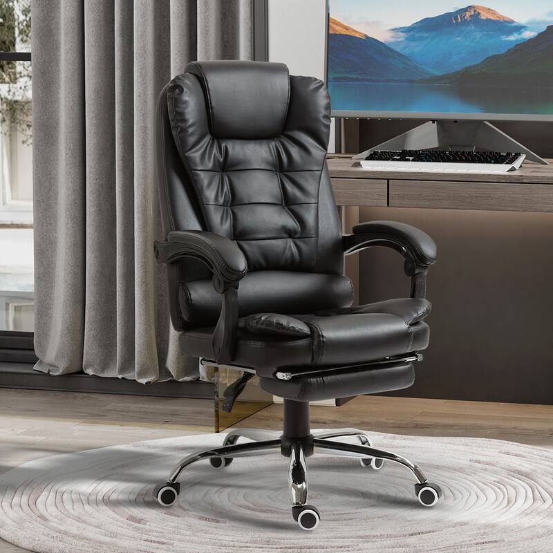 Black Rolling Chair Ergonomic Chair with Footrest, Leather Computer Chair Gaming Chair Office Chair with Lumbar Support - Black