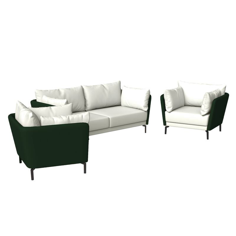 3-Piece Sofa Set Upholstered PU Leather with Metal Legs Removable Cushions for Modern Home Luxify Series by LeisureMod - Green