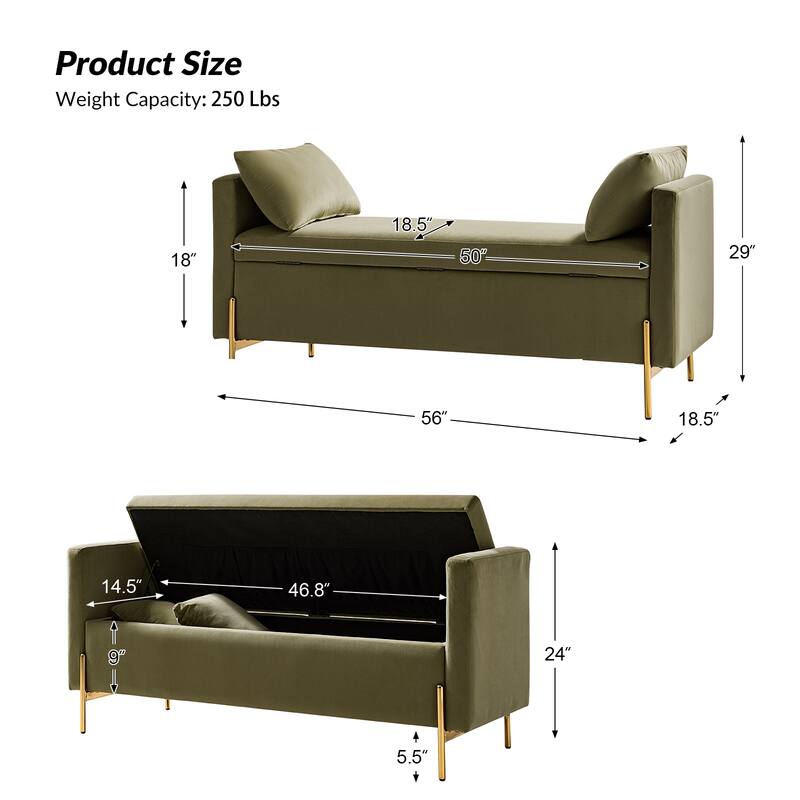 Angelus Modern 56''W Upholstered Flip Top Storage Bench withTwo Pillows and Arms by HULALA HOME