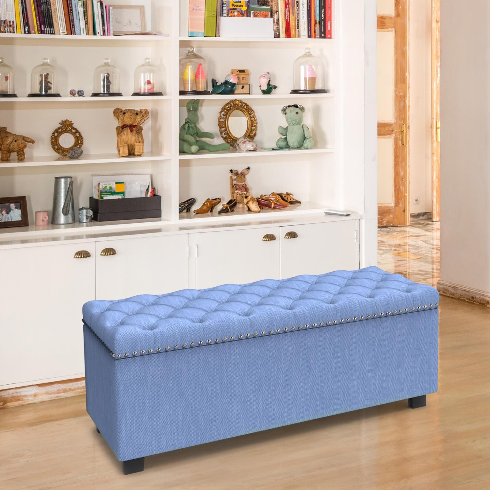 41.75-inch Storage Ottoman with Nailhead Trim, Blue Upholstered Bench Coffee Table for Bedroom