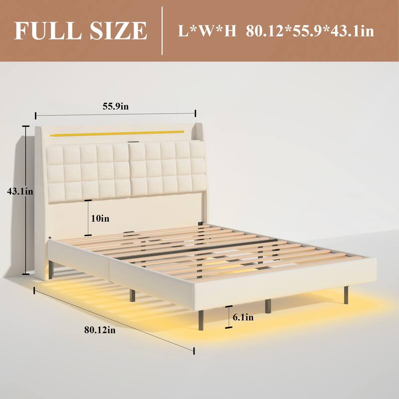 Floating Bed Frame with LED Light and Charging Station