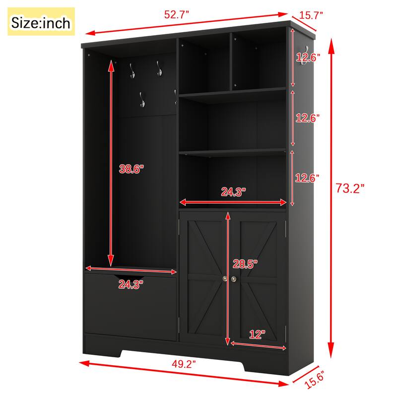Multi-functional Hall Tree with Storage Shelves Drawers and Cabinet, Hallway Shoe Cabinet with Bench, Coat Rack with Hooks